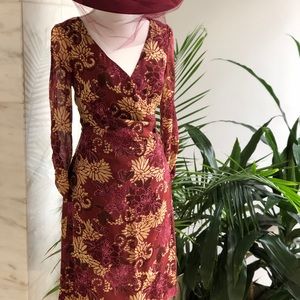 Floral Burgundy Print Dress with Tiny Sequins